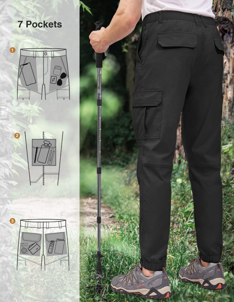 PULI Men's Waterproof Hiking Pants, Slim Fit Cargo Joggers, Stretch Quick Dry Outdoor Pants with Pockets Black 34 - Image 2